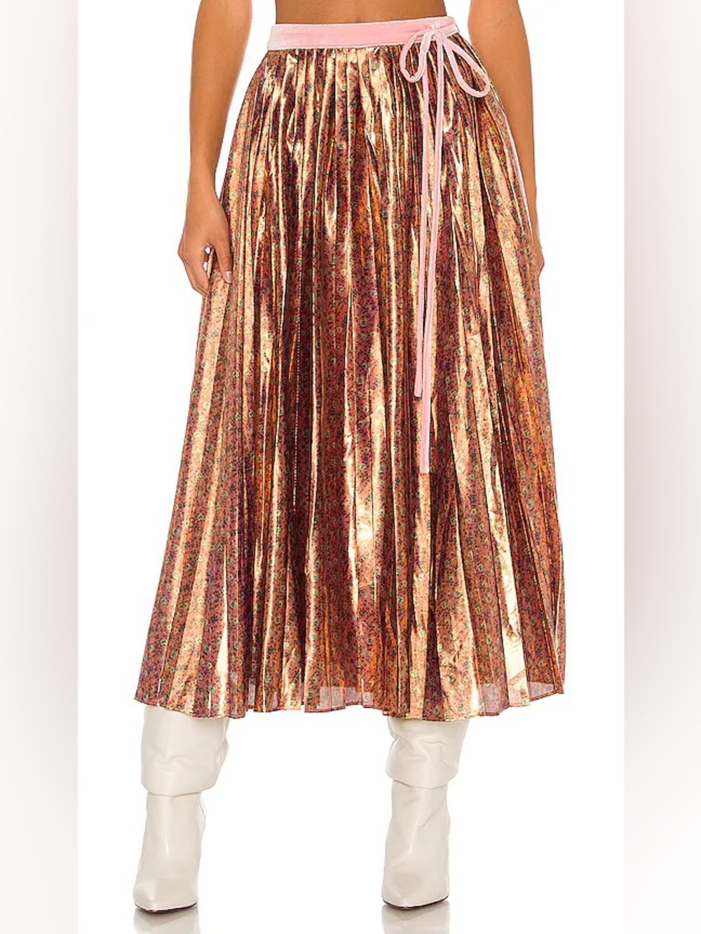 LoveShackFancy Metallic Rose-Pink Pleated Maxi Skirt